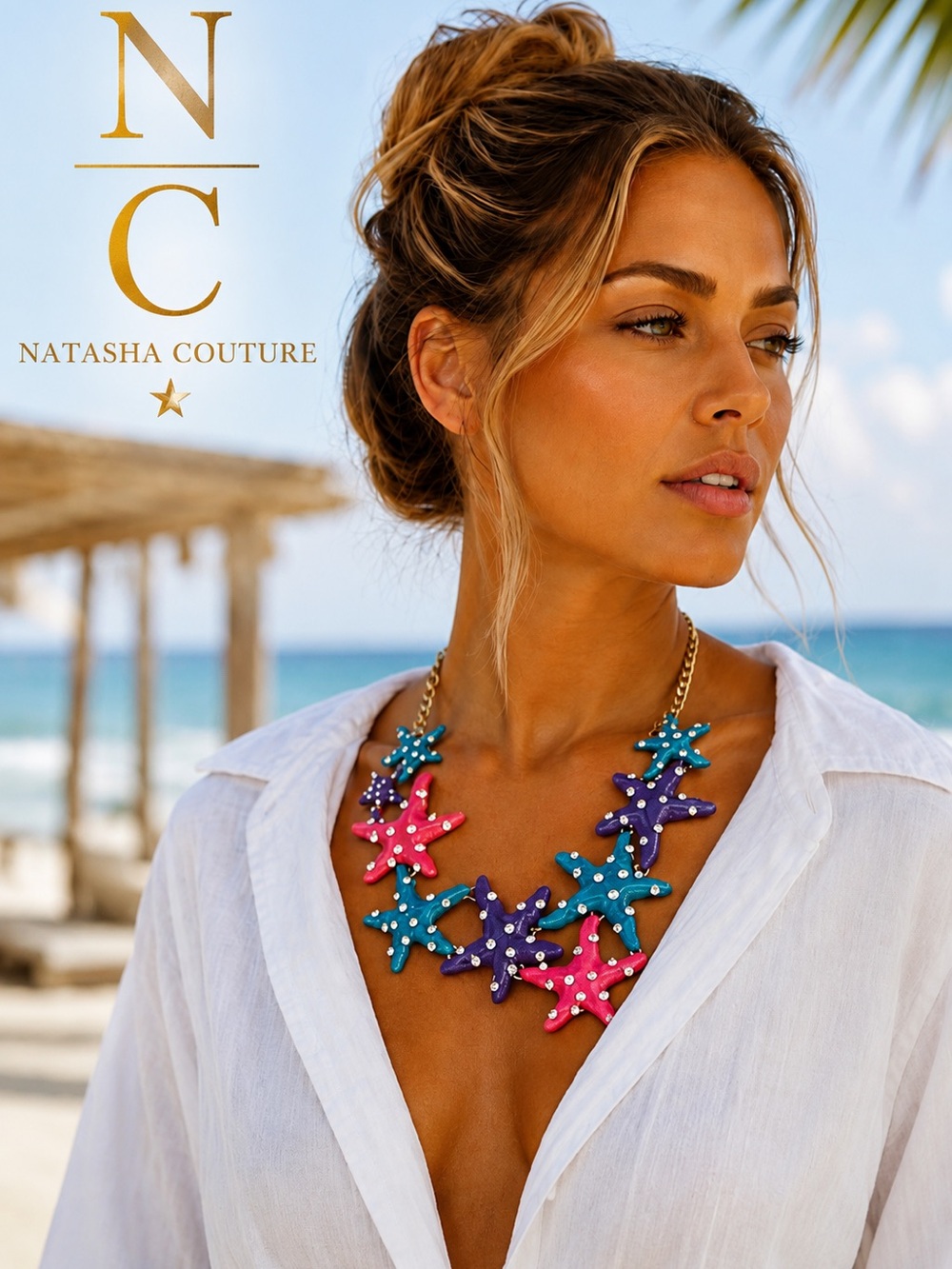 NWT,Natasha, Enamel Rhinestone Starfish Frontal Statement Necklace, GIFT ME!